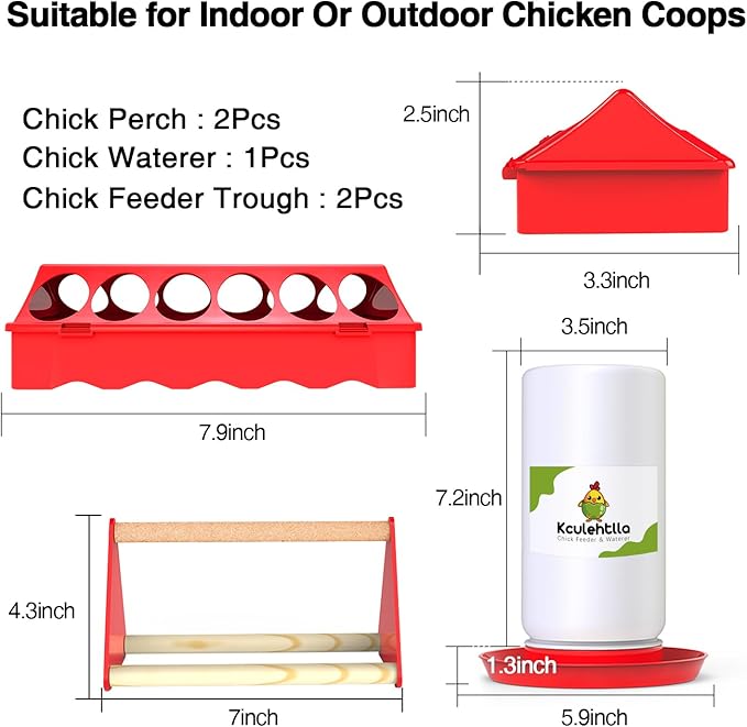 Chick Feeder and Waterer Kit - Baby Chicken Supplies with Chicks Perch, Plastic Feeder Trough and 1.2L Waterer, Chicken Starter Kit for Coop and Brooder for Small Poultry Ducks Quail