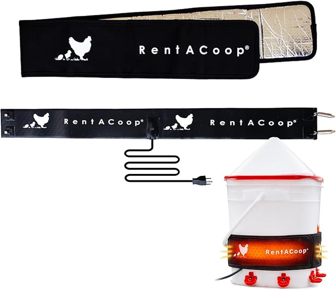 RentACoop Heated Chicken Waterer Belt for Winter, Thermo Bucket Heater Strap LG with Insulated Wrap for 2-5 Gal, 40W Energy Efficient, Safe to -10°F, Auto Thermostat