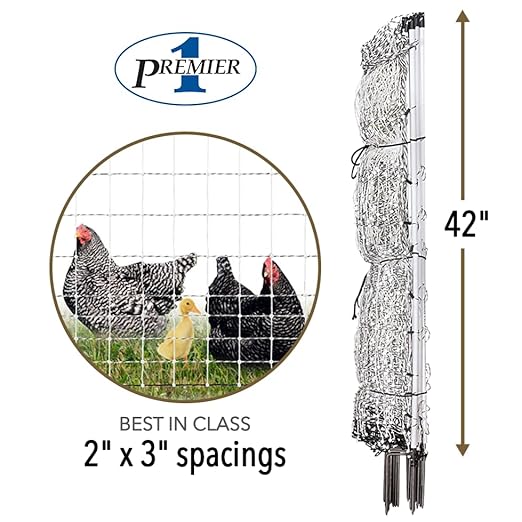 Premier 1 PoultryNet® Plus, 42"H x 100'L Portable Electric Fence with Extra Line Posts to Reduce Sag | Double Spike for Added Stability | White/Black Fence for Chickens, Ducks, Geese