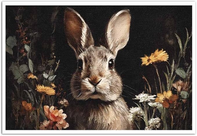 MNFGMH Easter Pictures Wall Decor Rustic Spring Rabbit with Flowers Easter Canvas Print Bunny Wall Art for Home Country Decor Canvas Roll 16x24 inch