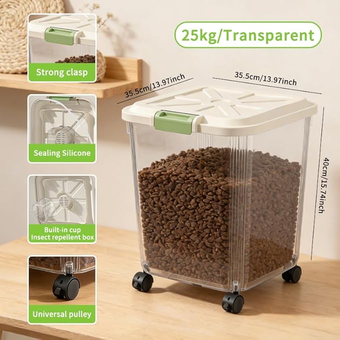 RPZ Large Capacity Pet Food Storage Container with Wheels, Airtight Dog Cat Food Storage Bin for Kitchen Pantry, 10-55 lbs Bulk Dry Food Storage with Built-in Scoop & Locking Lid-25kg