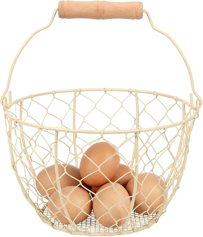 Egg Basket With Handle,Wire Egg Basket for Gathering Fresh Eggs, Round Egg Collecting Basket for Farm,Vintage Style Chicken and Duck Eggs Basket Egg Countertop Storage Container Holder ﻿(White)