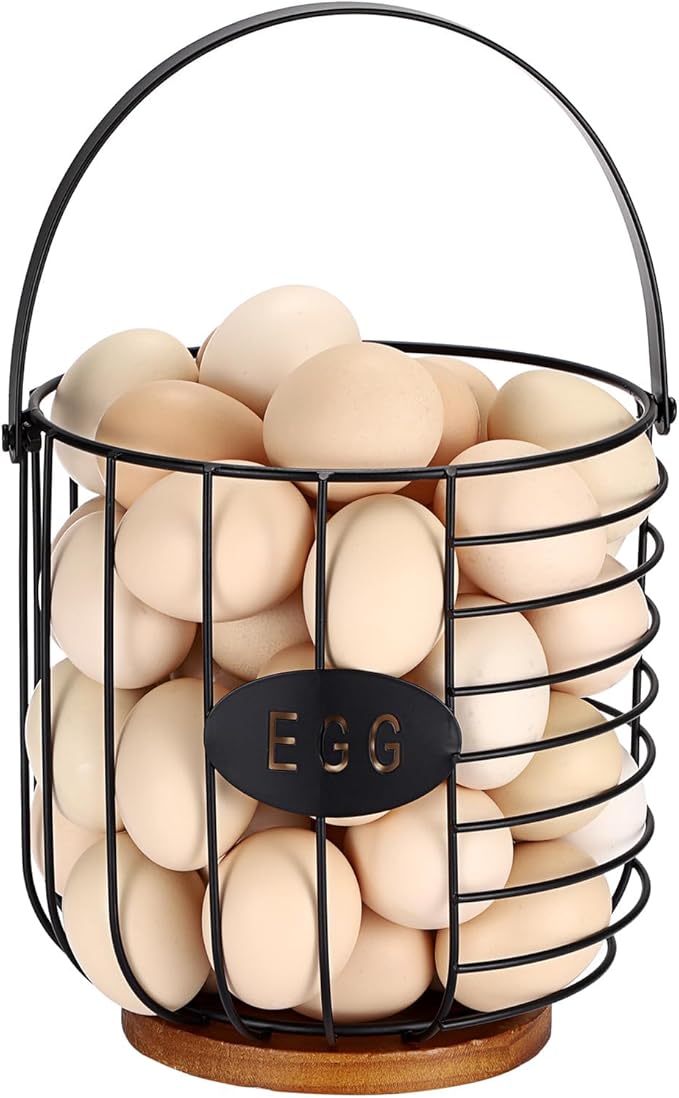 Farmhouse Vintage 7'' Round Metal Wire Egg Basket - Solid Bottom Egg Gathering Holder for Fresh Eggs, Countertop Kitchen Storage (Style 2(Lantern))
