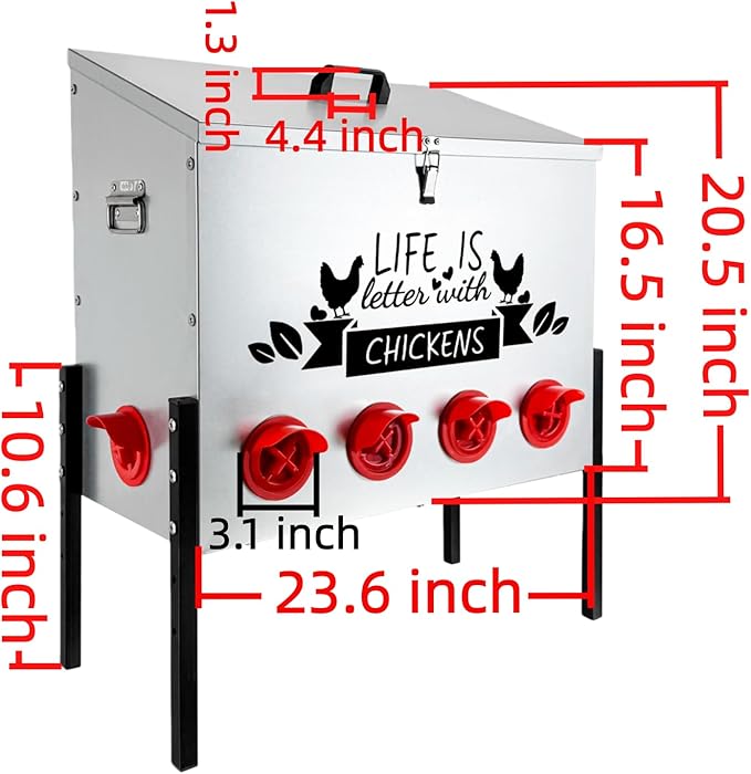 Automatic Chicken Feeder 95LB Large Capacity Poultry Feeders with 10 No Waste Feeding Ports Galvanized Metal Feeder Box with Adjustable Legs Locking Lid and Handles for Outdoor
