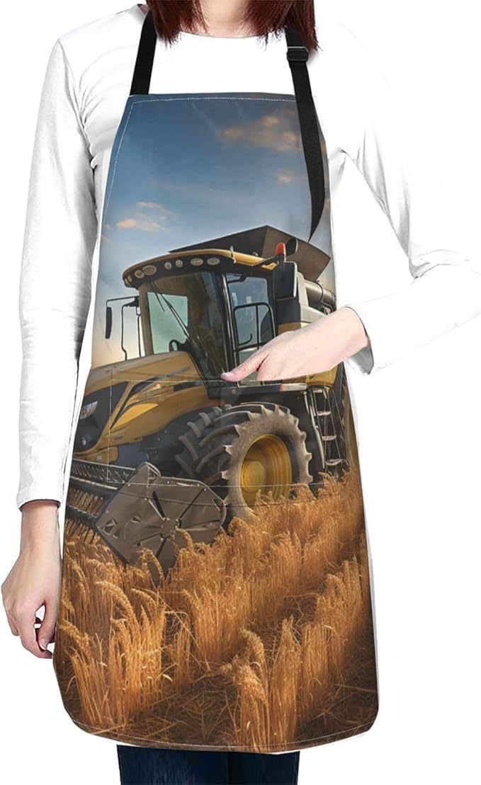 Farm Tractor Harvest Waterproof Apron With 2 Pockets Adjustable Cute Kitchen Aprons Bibs For Women Men Kitchen Garden Decor