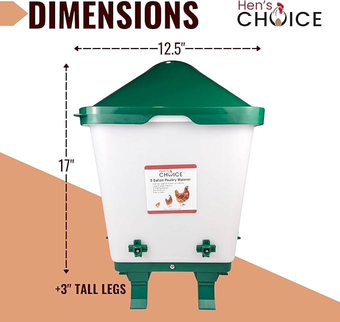 Hen's Choice 5 Gallon Chicken Waterer with 8 Drinker Nipples, Anti-Roost Lid, Top Fill Design, Heavy Duty Legs