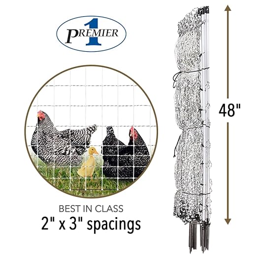 Premier 1 PoultryNet® Plus, 48"H x 100'L Electric Fence Starter Kit | Extra Line Posts to Reduce Sag | Includes: Solar Energizer, FiberTuff™ Support Posts and Tester | White/Black