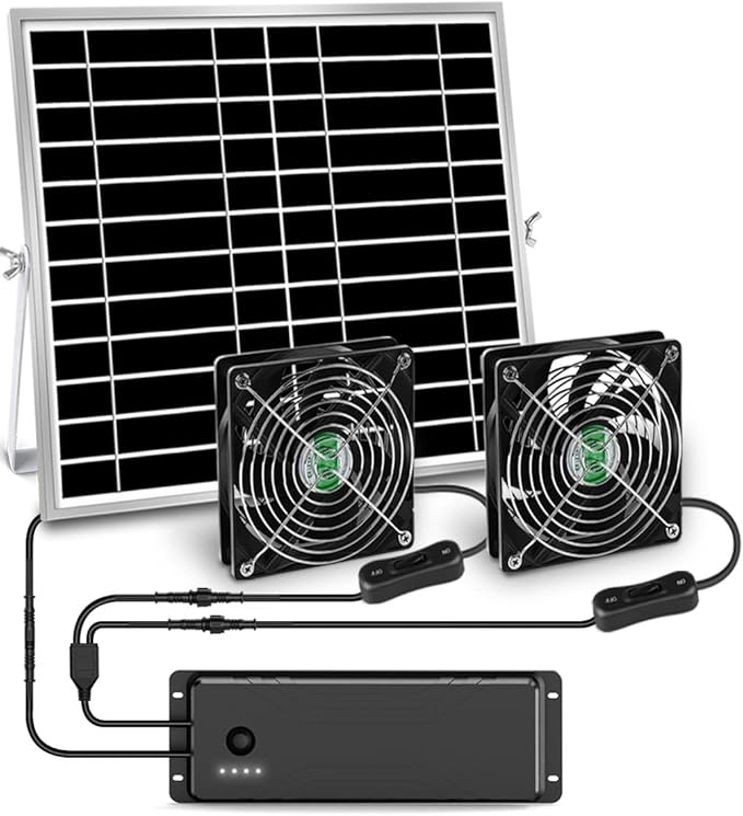 Solar Powered Fan with Battery, Rechargeable Solar Fan for Chicken Coop, Greenhouse, Shed, Outside with Two IPX7 Waterproof Exhaust Intake Fans 16.5Ft On/Off Switch Cable