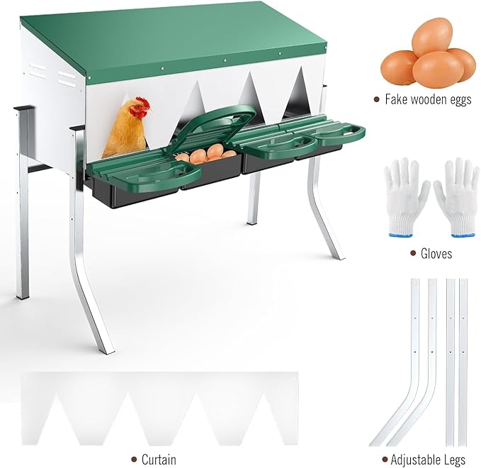 Chicken Nesting Boxes for Laying Eggs - 4 Compartment Roll Away Nesting Box for Chickens Coop with Adjustable Legs,Chicken Perch ＆ Roll Out Egg Tray,Curtains and 4 Fake Eggs Help Hen for Laying Eggs