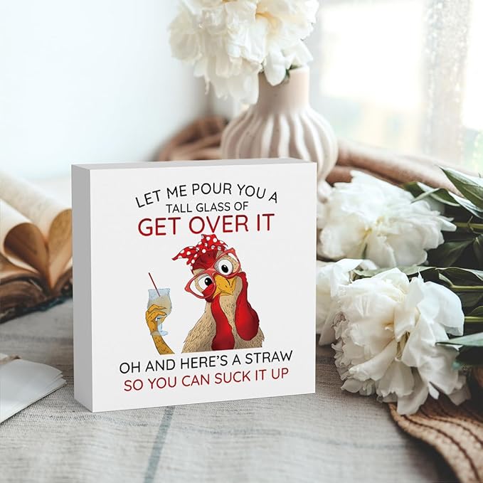Rooster Decor Motivational Rooster Kitchen Decoration Inspirational Desk Office Decor for Women Farm Animal Decoration Wooden Box Decor Sign for Home Bedroom Classroom Shelf Table