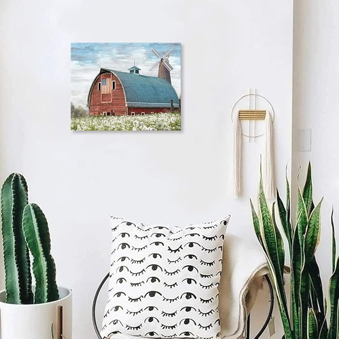 Woxfcart Rustic Red Barn Canvas Wall Art, Farmhouse Artwork with American Flag and Windmill Pictures for Bathroom Bedroom Wall Decoration, 15 x 12 Inch