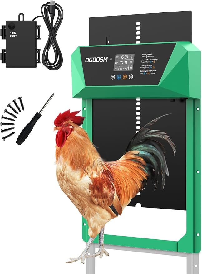 Automatic Chicken Coop Door, Aluminum Automatic Chicken Door with Anti-Pinch Feature, Timer and LCD Display (New-Green)