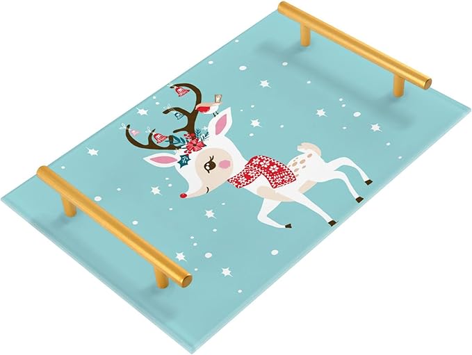 Bathroom Vanity Tray Counter Organizer, Christms Deer in The Snow Decorative Tray with Handles Countertop Storage for Bathroom Bedroom Kitchen Home Farmhouse