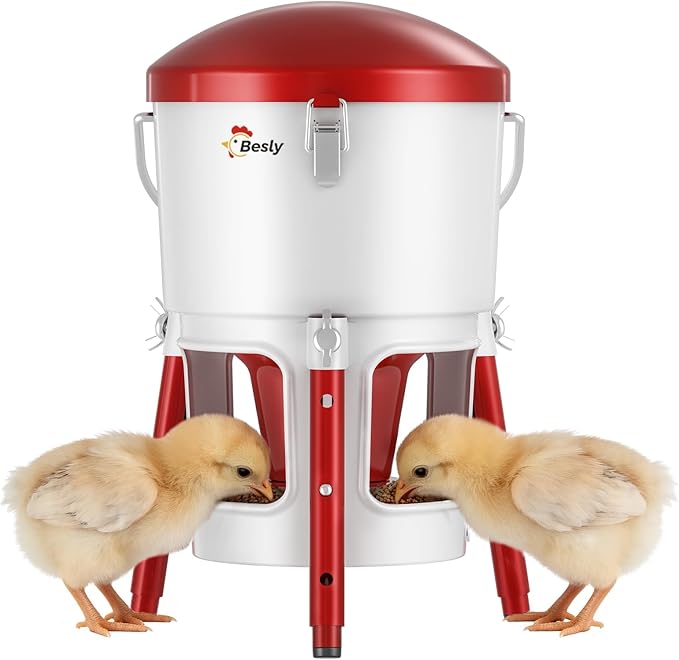 Chick Feeder with Adjustable Height,No Spill,Metal Poultry Feeder for Chicks 0-8 Weeks,30oz/2L Capacity,Tripod Stable Ground Feeder,3 Anti-Bully Ports,Easy Clean,Tool-Free Assembly