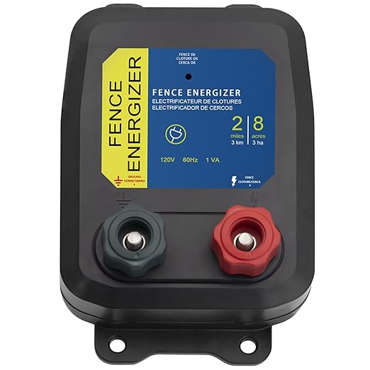 Electric Fence Energizer, 2-Mile/ 8 Acres Plug in Electric Fence Charger, Livestock Fence Charger for Dogs, Raccoons, Livestock, Squirrels, Chicken Coops, Skunks intruding, 0.1 Joule