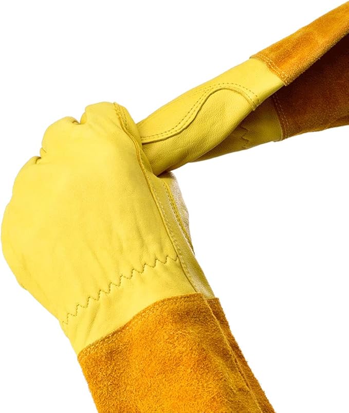 KINDE Gardening Gloves - Thorn Proof Cowhide Leather Rose/Blackberry Pruning Long Forearm Protection Gauntlet, Work Garden Gloves (BROWN, Medium)