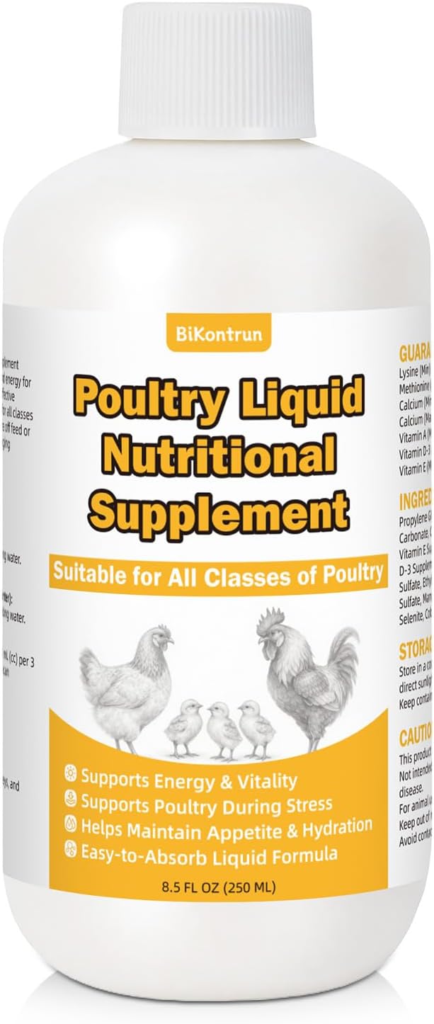 Liquid Poultry Supplement for Chickens, 8.5 fl oz – Energy & Vitamin Support for Weak or Stressed Birds, Ideal for Heat Stress, Appetite & Recovery, Mix in Water or Direct Oral Use, Dropper Included