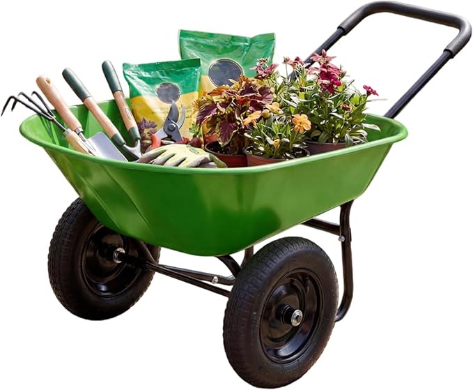 IRONMAX Dual-Wheel Wheelbarrow, Heavy Duty Wheel Barrel with All-Terrain Wheels, 330 LBS Utility Yard Cart with Built-in Stand, Outdoor Gardening Carts for Lawn, Farm, Planting (Light Green)