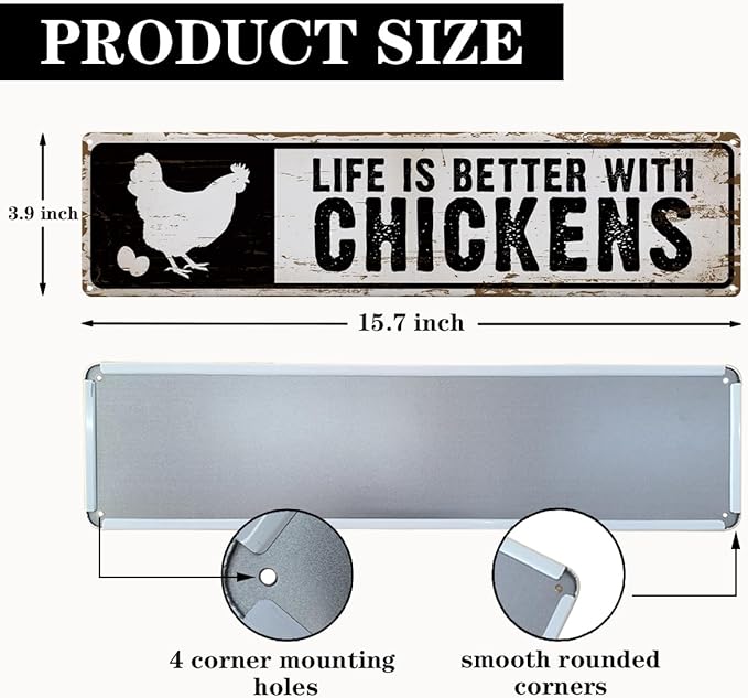Farm Decor, Life is Better with Chickens Sign 15.8x4 inches, Funny Chicken Coop Decor, Chicken Lover Home Decors, Retro Aluminum Sign for Home Garden Outdoor Yard Farmhouse, Vintage Wall Plaque