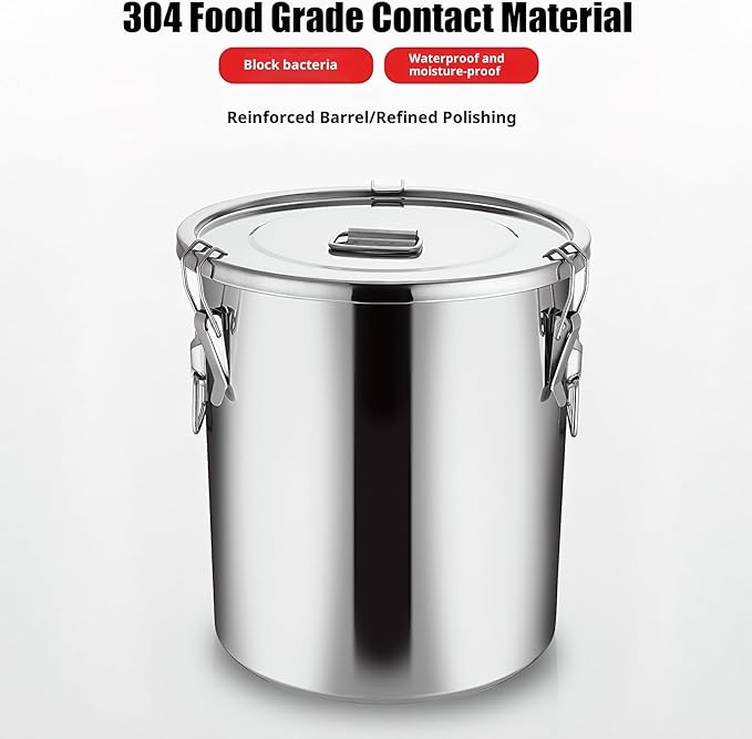 5.5Gal 304 Stainless Steel Airtight Canister,Metal Bucket Large Stainless Steel Canisters - Locking Clamp & Airtight Lids - Dog Food/Bird Seed/Coffee Storage Container
