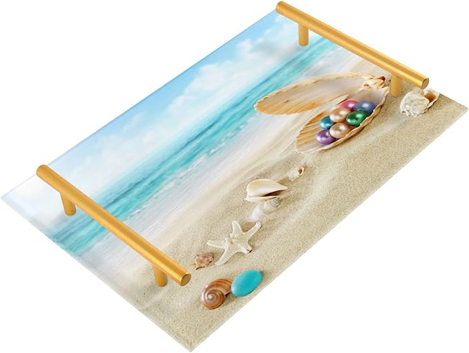 Bathroom Vanity Tray Counter Organizer, Beach Peals Decorative Tray with Handles Countertop Storage for Bathroom Bedroom Kitchen Home Farmhouse