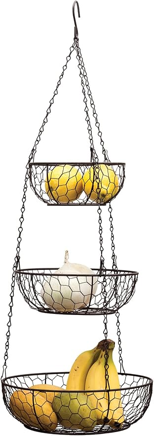 RSVP International Hanging Storage Collection 3-Tier Baskets, Bronze Chicken Wire (Pack of 3)
