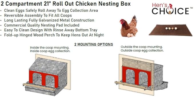 Hen's Choice™ - Reversible Roll Out Nest Box for Chickens | Roll Away Nest Box | 2 Compartment 21" | Heavy Duty Galvanized