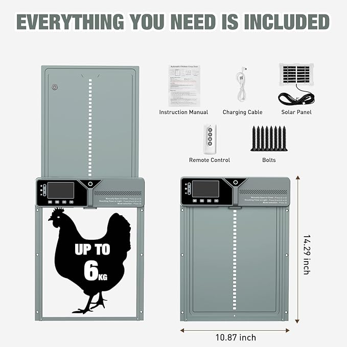 Large Automatic Chicken Coop Door, Solar Powered with Upgraded 4000mAh Battery, Light Sensor, Timer, Remote & Manual Control, Anti-Pinch Safety Auto Door for Chickens, Ducks & Geese, Grey