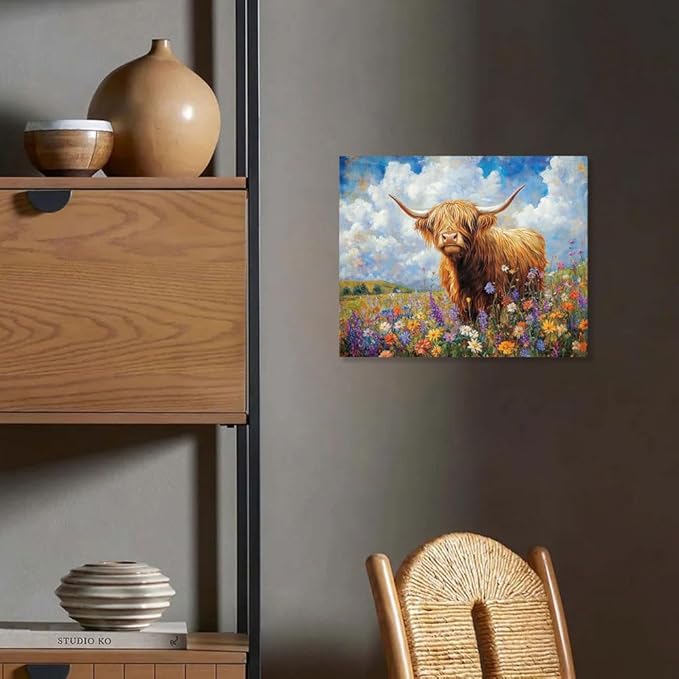 Yidepot Highland Cow Canvas Wall Art: Flowers Farmhouse Artwork, Cow Pictures Bedroom Decor Ready to Hang 12x15inch