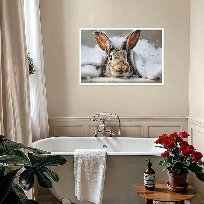 MNFGMH Easter Poster for Wall Cute Bunny Taking a Bath Canvas Print Easter Bathroom Wall Decor for Nursery Kids Room Canvas Roll 24x36 inch