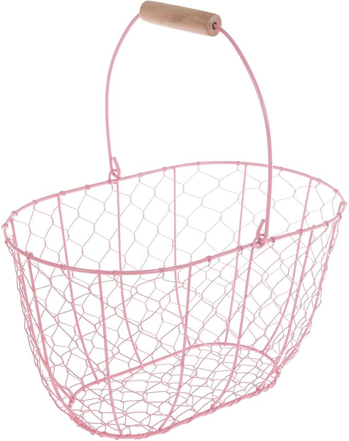 Hobby Lobby Chicken Wire Easter Basket with Wooden Handle, Metal and Wood, 7.5" H x 13" W x 8.25" D (Pink)