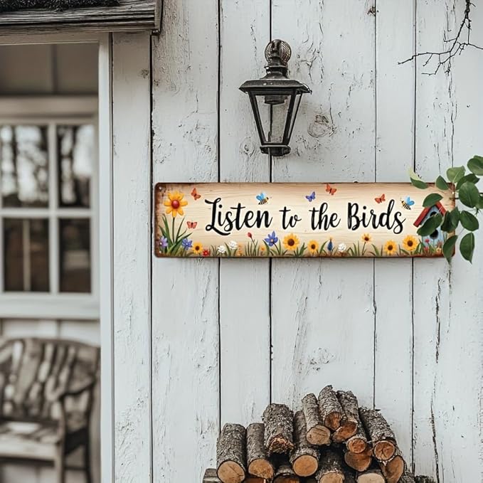 Listen to the Birds Metal Tin Sign Farmhouse Wall Decor with Floral & Butterfly Design Rustic Wall Art for Kitchen Living Room Bedroom Porch Garden 4x16 Inch