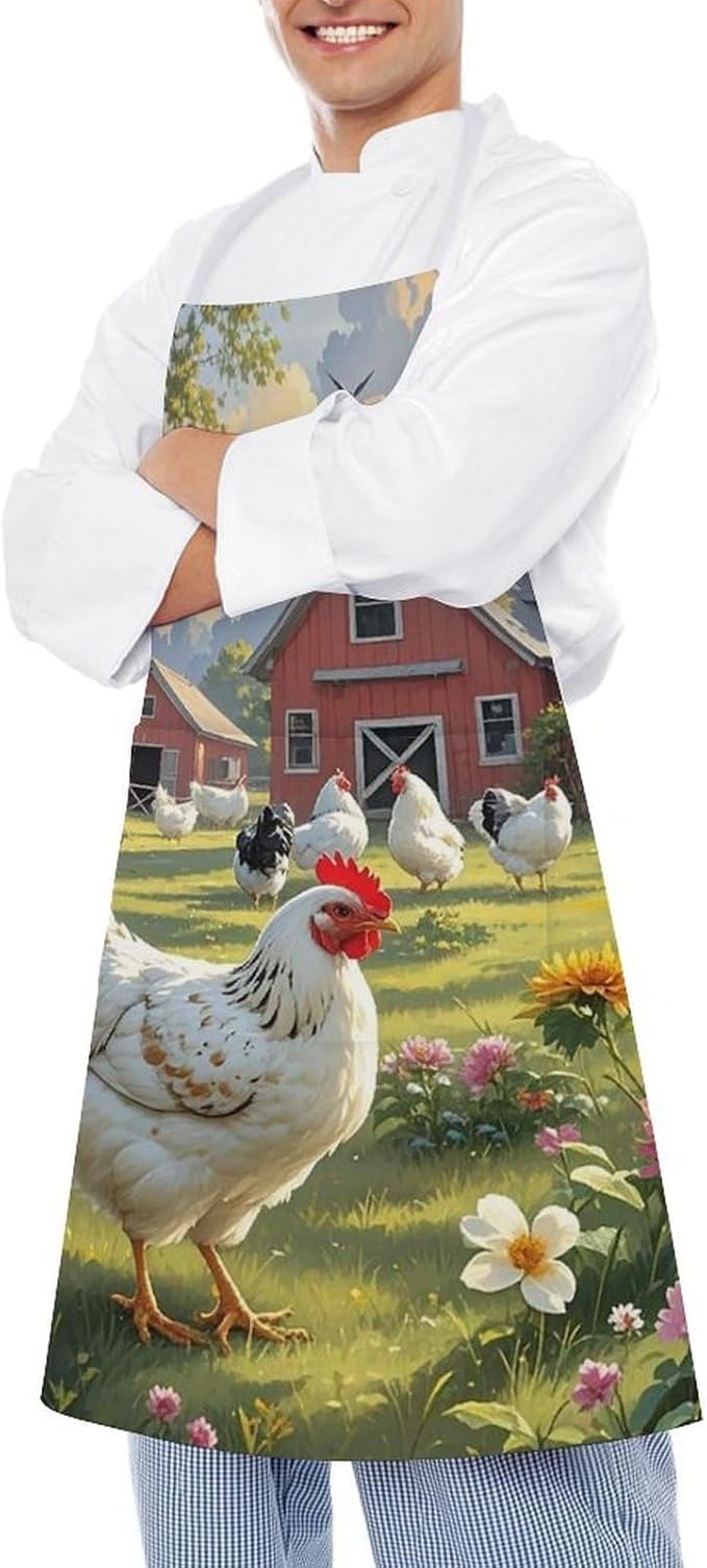 Chickens And Farm Chef Apron for Men Women with 2 Pockets Water & Oil Resistant Bib Aprons Adjustable Neck Strap & Long Ties Work Apron for Cooking Grilling Serving Crafts Gardening