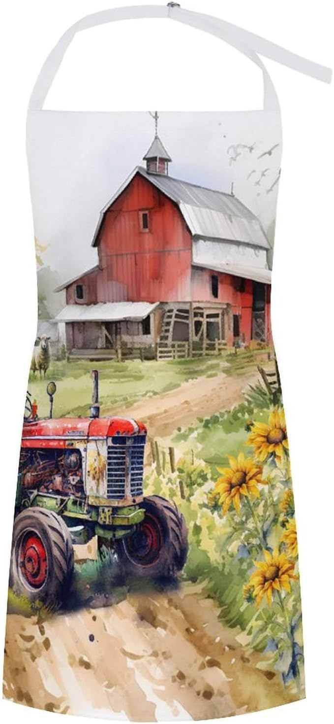 Vintage Watercolor Old Tractor Kitchen Apron, Oil Painting Western Farmhouse Harvest Farm Sunflower Tractor Apron