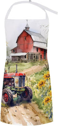Vintage Watercolor Old Tractor Kitchen Apron, Oil Painting Western Farmhouse Harvest Farm Sunflower Tractor Apron