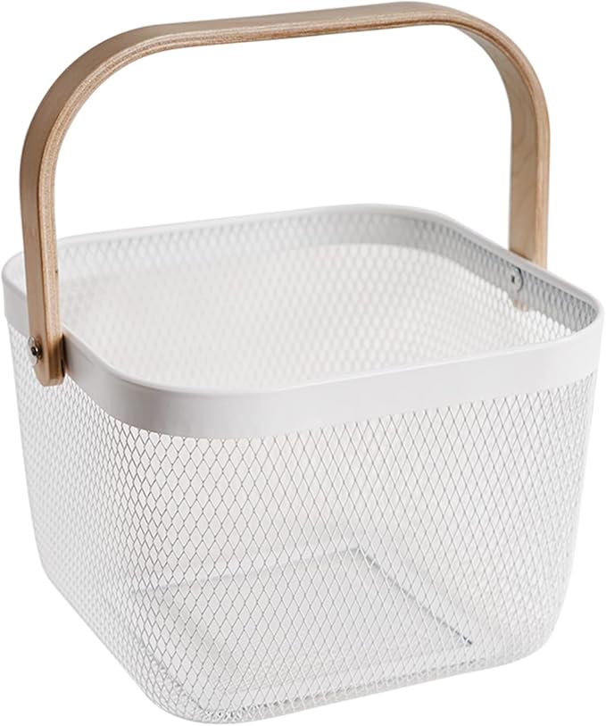 Metal Mesh Steel Harvest Basket, Square Wire Garden Basket with Handle – Multi-Functional Storage Organizer for Gathering Vegetables, Fruits, Kitchen, Garden, Picnic & Cabinet (White)