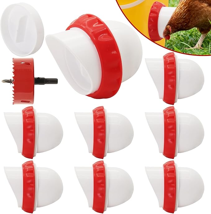 Chicken Feeders No Waste, DIY Automatic Poultry Feeder 8 Ports 1 Hole Saw with Covers Gravity Feed Kit for Buckets Barrels Bins Troughs（Red and White）