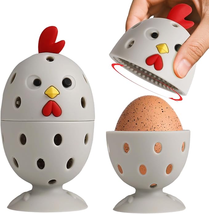 4PCS Silicone Egg Cleaner Brush Set, Egg Wash Brush Scrubber for Fresh Eggs Fruits Vegetables, Reusable Non-Scratch Multifunctional Rotating Egg Washer Tool (Grey)