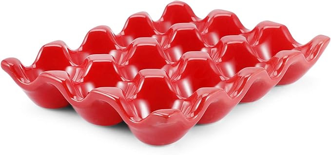 Flexzion Ceramic Egg Holder for Fridge - 12 Cups Egg Tray Whole Dozen Porcelain Container Keeper Storage Organizer Decorative Serving Stand Serveware for Countertop Display Kitchen (Red)