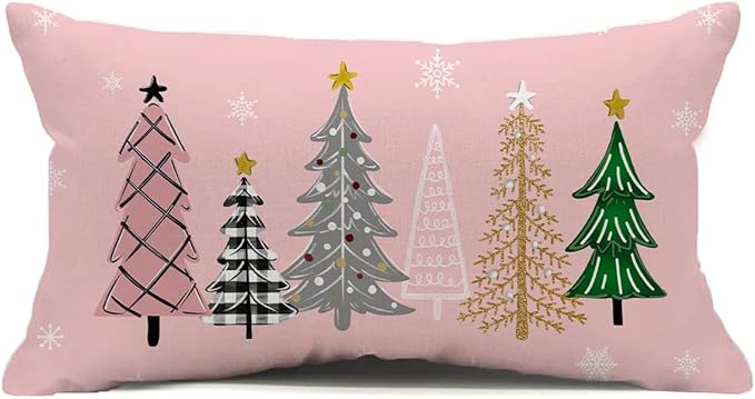 Pink and Gray Merry Christmas Trees Snowflake Throw Pillow Cover, 12 x 20 Inch Seasonal Winter Holiday Cushion Case Decoration for Sofa Couch