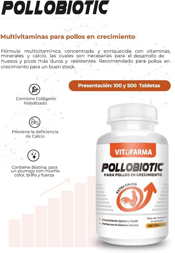 POLLOBIOTIC - Essential Supplement for Optimal Health - Extra Calcium for Roosters Calcio para Pollos, Poultry, Gallinas Chickens and Roosters - 100 Tablets