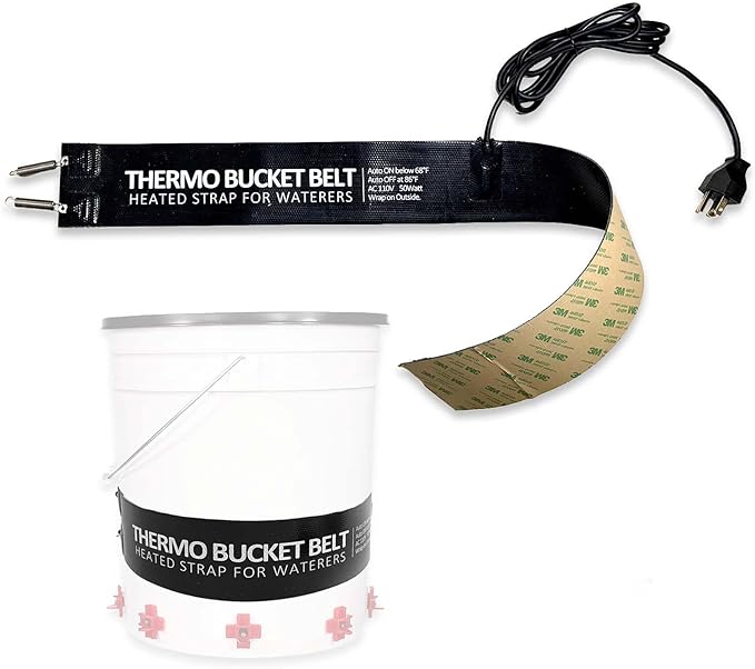 Chicken Water Heater for Winter, 50 Watt Thermo Bucket Belt Heated Strap Fits Most 2-5 Gal Buckets (Turn on Below 68°F and Off at 86°F)
