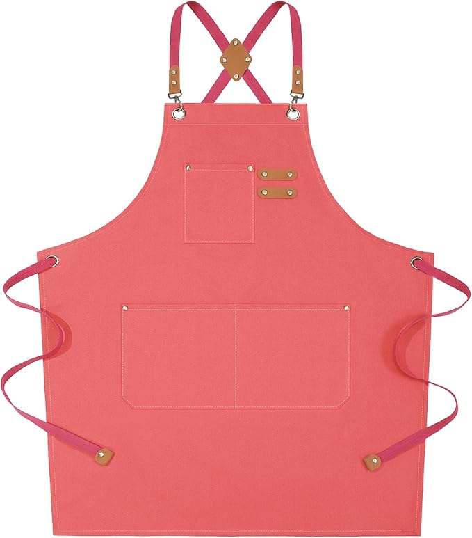 AFUN Chef Aprons for Women Men with Oversized Pockets, 12-Ounce Cotton Canvas Cross Back Water Repellent Apron (Pink)