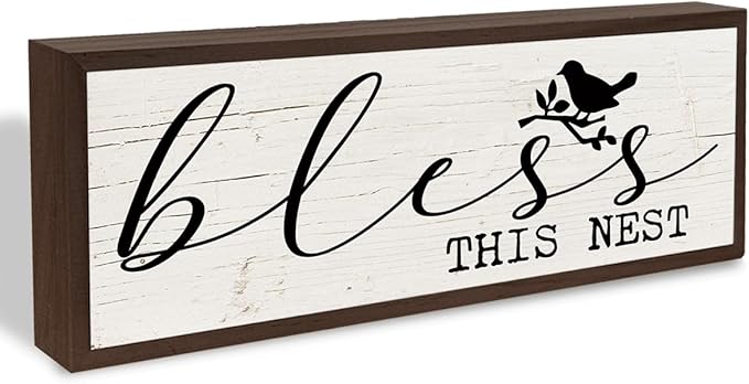 Farmhouse Home Decor, Bless This Nest Sign, Rustic Framed Wooden Block, Wall Decors Art, Front Door Porch Hallway Decors, Housewarming Gift for Christian 9.5x3.1x1 inches