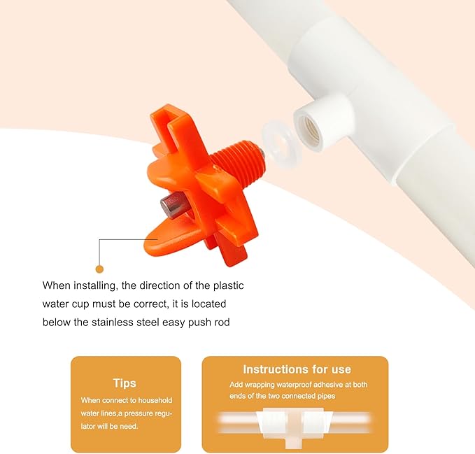 Horizontal Chicken Waterer Nipples with 1/2 PVC Tee Fittings DIY Automatic Chicken Watering System Kit (Orange, 6Pcs)