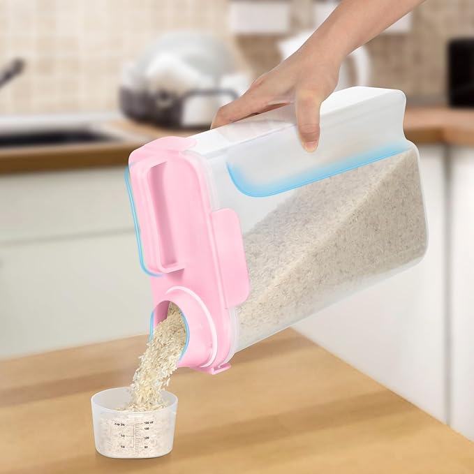 5-7 Lbs Dog Cat Food Storage Container, Portable Travel Pet Food Storage Container with Measuring Cup, Easy-Pouring Bird Seed Dispenser, Airtight Rice Cereal Oatmeal Flour Dispenser -Pink