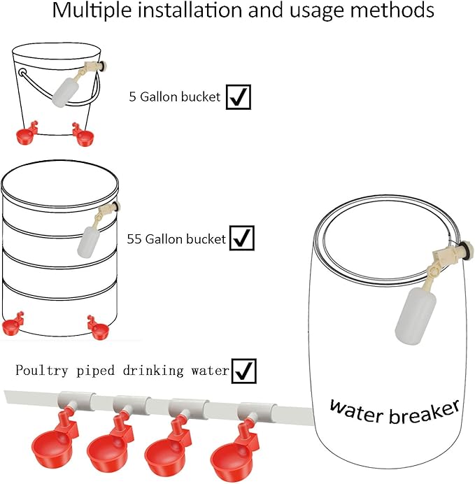 Complete Set Pipeline Automatic Chicken Nipple Waterer Cups and 1/2" PVC Tee Fittings Pipe Feeder Poultry Waterer Chicken Waterer pourtly Water Cup Durck Watering System