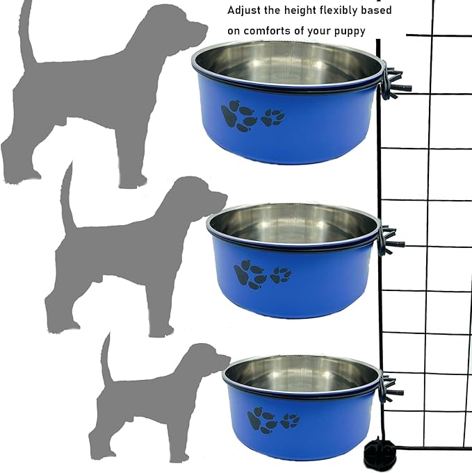 Dog Crate Food and Water Bowl 2Pcs Small Pet Hanging Kennel Removable Dish Feeding Cup with Holder for Medium Large Size Cat Puppy (Blue, 5.5''X2.3''&6.3‘’X2.5'')