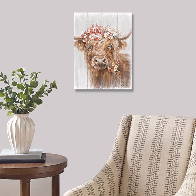 Highland Cow Canvas Farmhouse Decor: Funny Cow Wall Art with Flowers Staring at You Rustic Farm Wood Planks Unique Cattle Posters for Bathroom Framed Size 12"x15"