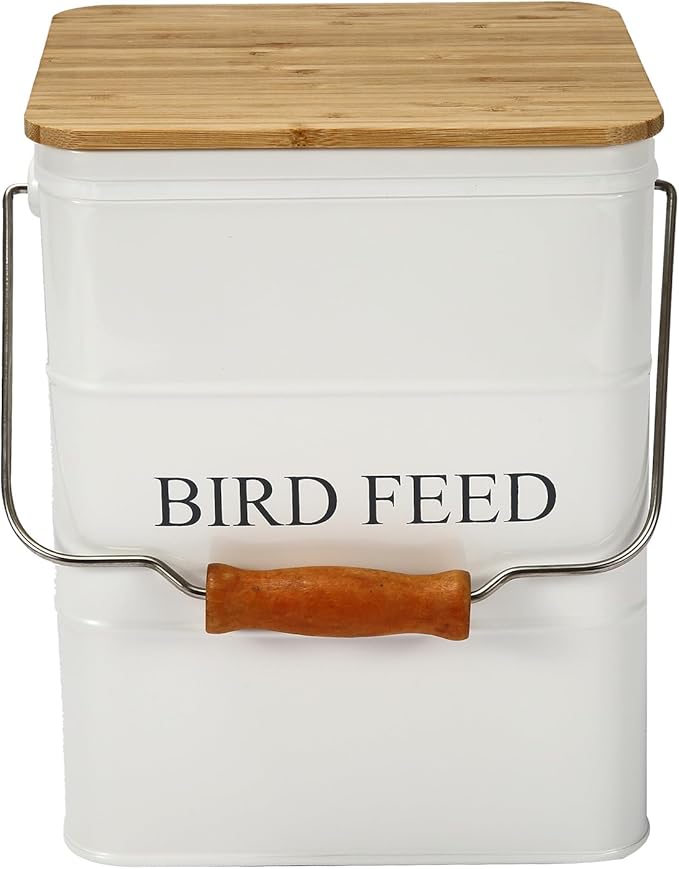 Morezi Bird Treat and Food Storage tin with Wooden lid and Scoop Included - White Powder - Carbon Steel - Birds Food bin - pet Food Container Storage Canister